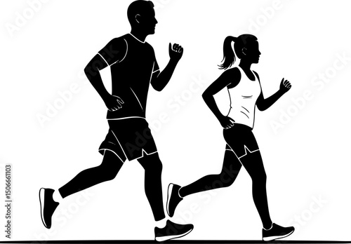 Running man and woman, isolated vector silhouettes. Run, side view. Silhouettes of athletic looking male and female runners running. EPS 10 version.