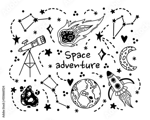Space adventure vector set. Flying rocket, telescope, burning comet, planet Earth, crescent moon, constellations and stars in the night sky. Galaxy and universe. Astronomy, isolated hand drawn clipart