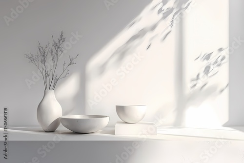 Serene white vase with dried flowers minimalist bowl and soft sunlight creating a peaceful calming atmosphere in a