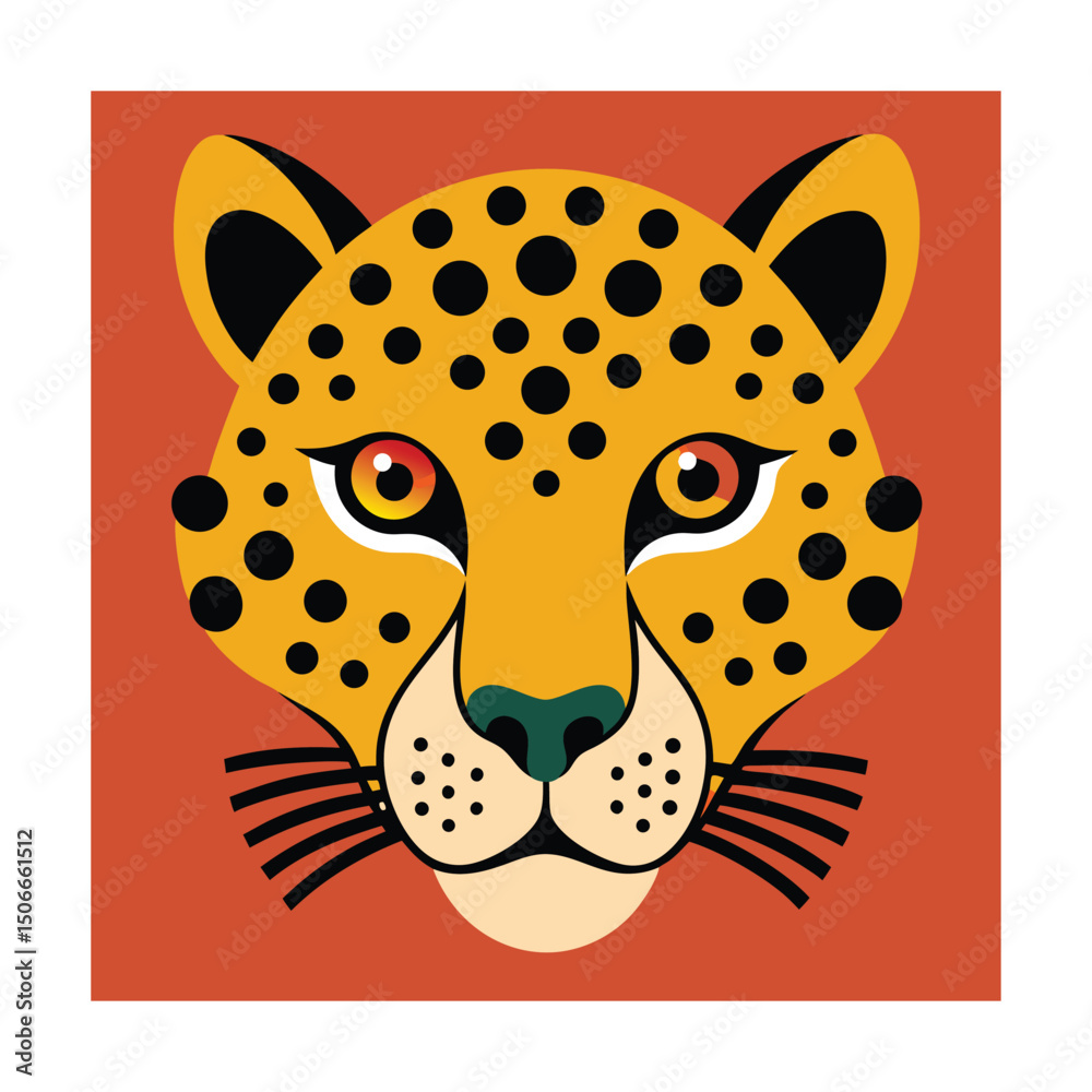 Cartoon illustration of a detailed cheetah face with geometric design and bold colors