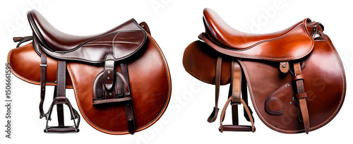 group of brown horse saddle isolated on white background