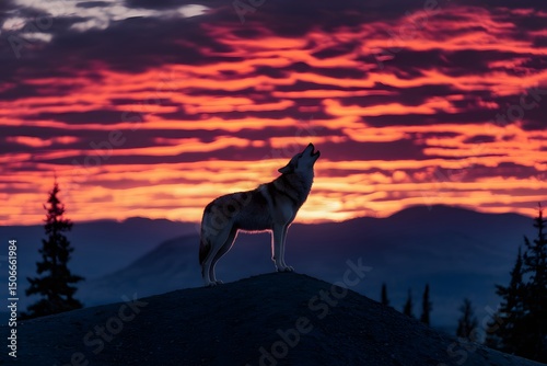 Majestic Wolf Silhouetted Against a Fiery Sunset on a Rocky Peak 