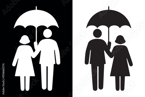 A heartwarming black silhouette vector illustration of a couple standing together under an umbrella