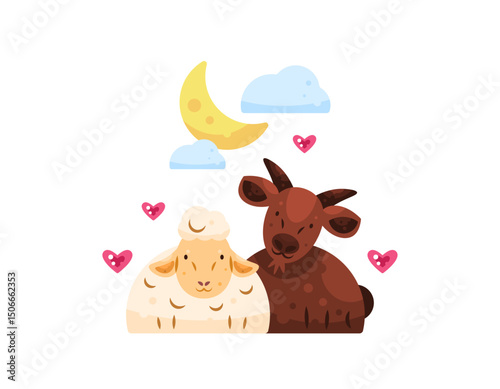 illustration of goat and sheep with happy look. concept of sacrificial animal or qurban. cute and adorable animal characters. flat style design. Eid al-Adha and celebration
