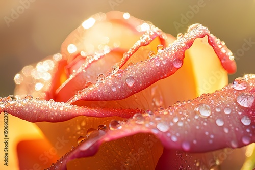 Dew kissed rose petals gleaming in sunrise a vibrant close up showcasing nature s beauty with warm golden light and soft