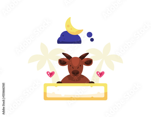 illustration of a goat looking happy while holding a wooden board. concept of sacrificial animal or qurban. cute and adorable animal characters. flat style design. Eid al-Adha and celebration