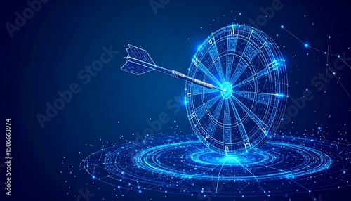 Digital dart hitting bullseye with blue background.