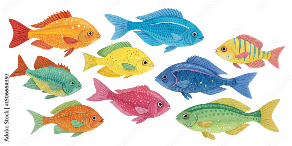 Naklejka premium Colorful Fish Illustration Ten Vibrant Watercolor Fish Isolated on Transparent Background, aquatic, marine life, fish, illustration, watercolor