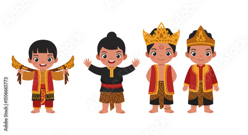 Four Cartoon Boys in Traditional Indonesian Clothing and Headdresses