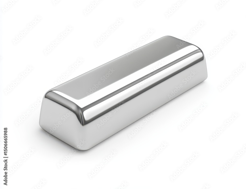 A highly-polished, rectangular silver ingot rests on a white background, reflecting light intensely A highly-polished, rectangular silver ingot rests on a white background, reflecting light intensely