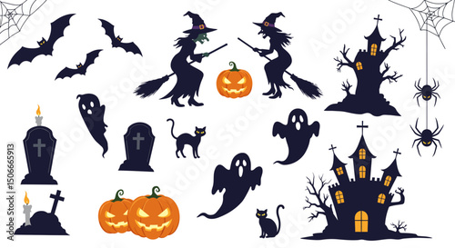 Halloween themed illustration with witches pumpkins ghosts bats cats and haunted houses