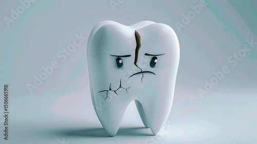 Cracked tooth character with sad expression on neutral background for medical dental concept with free place for text