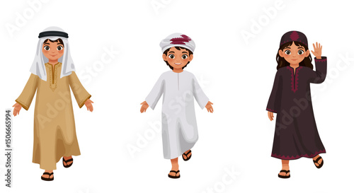 Three children in traditional Middle Eastern clothing standing with open arms