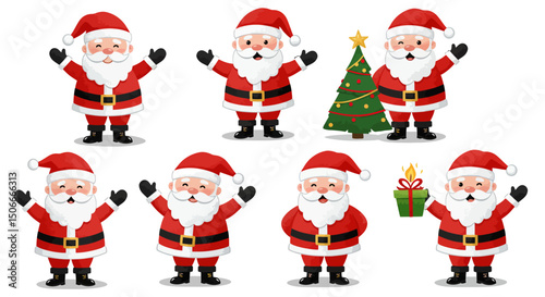 Cartoon Santa Clauses with Christmas Tree and Gift