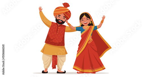 Cheerful Indian Couple in Traditional Attire Celebrating with Raised Hands