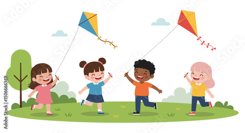 Children Flying Kites Four Kids Playing Outdoors with Kites