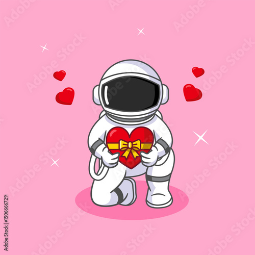 Cute Astronaut Kneeling Holding Heart-Shaped Gift Vector Illustration Cartoon Design