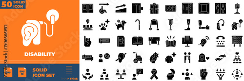 Disability Solid Editable Icons set. Vector illustration in modern thin solid style of disability icons: wheelchair, physiotherapy, medical, etc