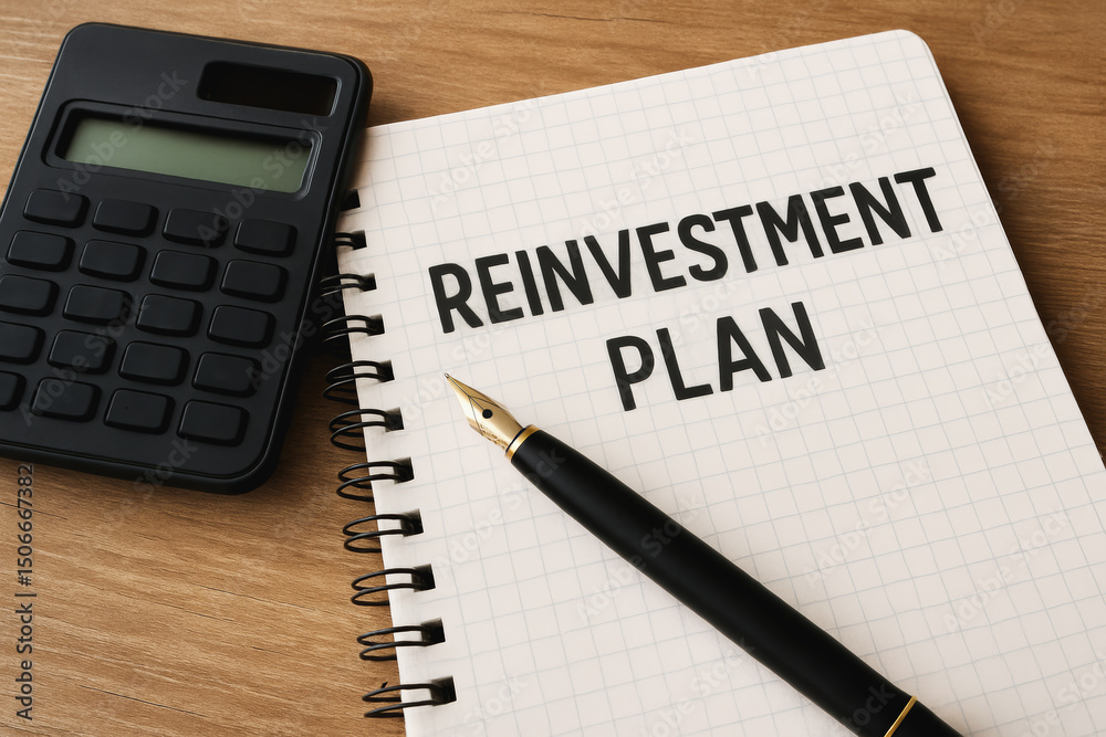 Reinvest plan concept with notebook pen and calculator on desk for financial planning Reinvest plan concept with notebook pen and calculator on desk for financial planning