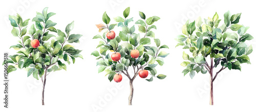 Watercolor illustration of apple trees with ripe apples on branches and green leaves isolated on transparent background