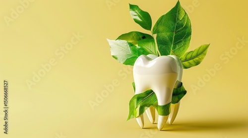 White tooth with green leaves on neutral background representing natural dental care and eco-friendly oral health