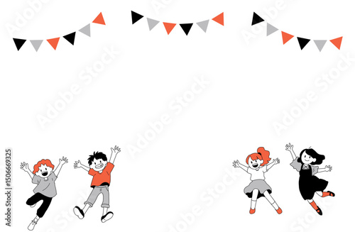 ジャンプする子どもとフラッグのフレームイラスト｜イベント・タイトル用に最適な横長構図