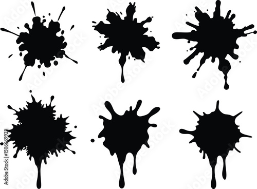 Flat design ink splash element vector. Set of paint splatter silhouette illustration