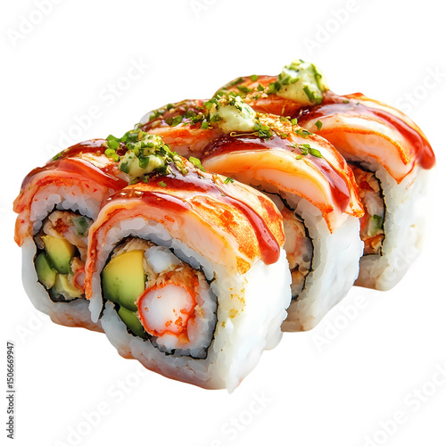 Delicious Sushi Roll CloseUp Photo of Flamed Salmon Sushi isolated on transparent background