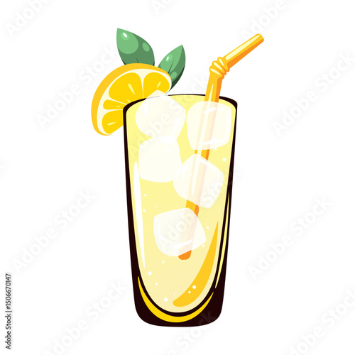 Gin Fizz cocktail. Refreshing drink with lemon, ice. Vector illustration.