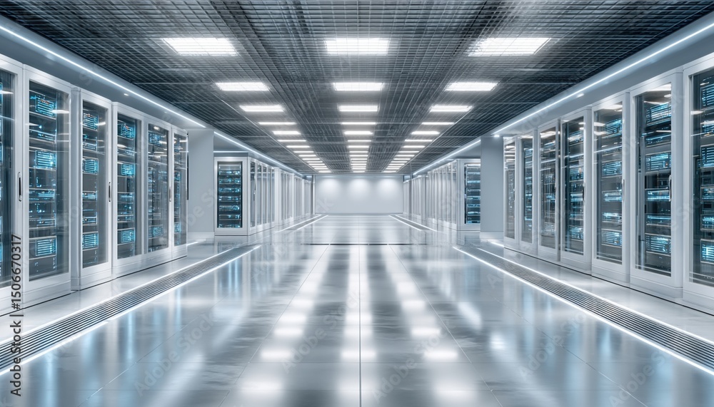 Fototapeta premium Modern cloud technology concept data center with advanced cloud technologies and servers in bright futuristic environment
