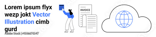 Woman interacting with digital files, invoices, and cloud storage symbol demonstrating online data management. Ideal for technology, cloud computing, financial tools, remote work, digital filing