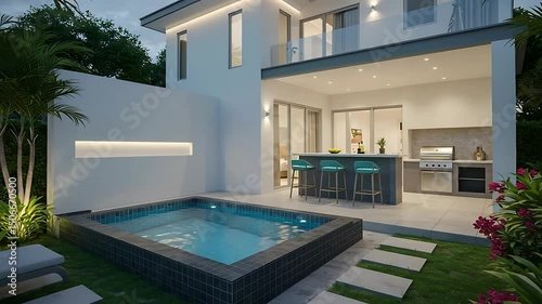 Modern outdoor living space featuring a sleek pool, contemporary architecture, and lush greenery