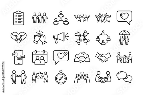 Friendship and Social Connection Icon Set – Vector Line Icons Representing Teamwork, Communication, Relationships, Collaboration, Support, Community Building, and Positive Social Interaction