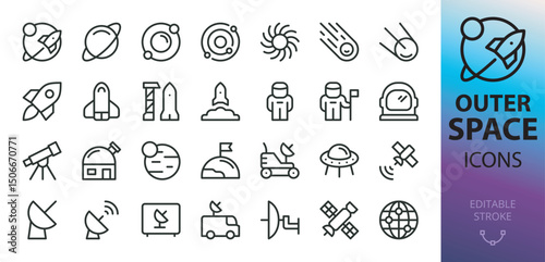 Outer space line icons set. Set of rocket, planet, solar system, satellite, space shuttle, lunar rover, astronaut, observatory, telescope vector icon with editable stroke
