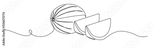 continuous single line art of a whole and split watermelon with curved and snaking lines