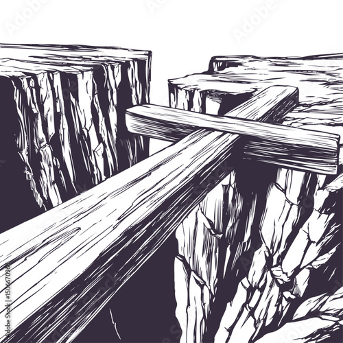 Christian wooden cross lying over the chasm, uniting us with God. Easter . symbol of Christianity hand drawn vector illustration
