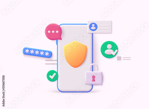 Phone with security. Password interface to log in,. Update personal data concept. Getting a new username and password for an account. 3D Web Vector Illustrations.
