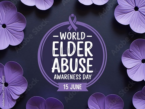 World elder abuse awareness day purple flowers and ribbon design for social media