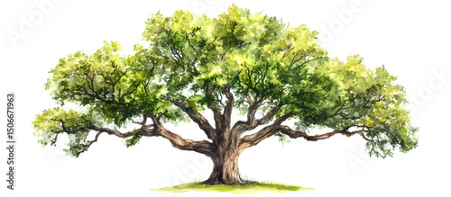 Watercolor illustration of an old oak tree with wide branches and lush green leaves isolated on transparent background