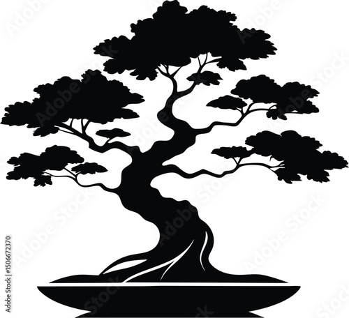 A Black bonsai tree silhouette illustration art. Bonsai Tree Silhouette, Bonsai Icon Vector, Tree Symbol illustration
