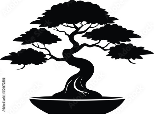 A Black bonsai tree silhouette illustration art. Bonsai Tree Silhouette, Bonsai Icon Vector, Tree Symbol illustration
