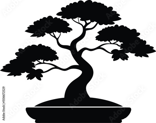 A Black bonsai tree silhouette illustration art. Bonsai Tree Silhouette, Bonsai Icon Vector, Tree Symbol illustration

