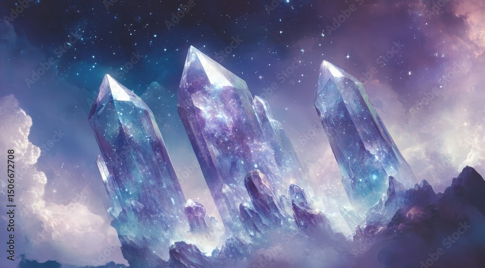 Obraz premium Three colossal, translucent, purple-blue crystals rise from a cloud-shrouded landscape under a starry, twilight sky