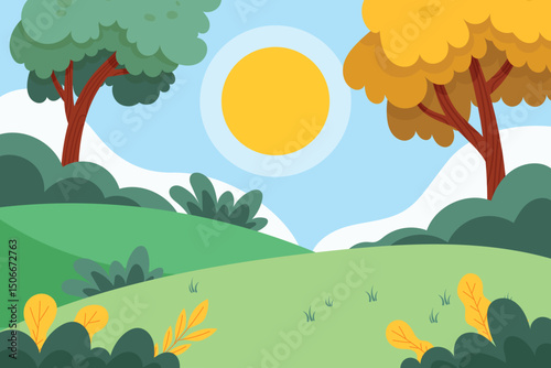  Cartoon Mountain Valley Sunrise Landscape