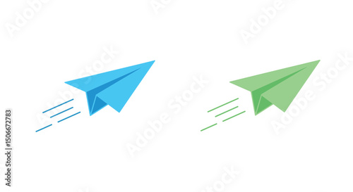 Flat-style vector of a minimal paper plane angled at 22° with three trailing tail lines. Clean and dynamic composition on a white background, ideal for transport, travel, messaging, or communication-t