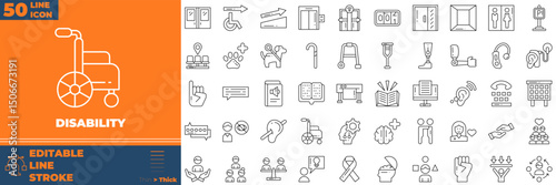 Disability Line Editable Icons set. Vector illustration in modern thin line style of disability icons: wheelchair, physiotherapy, medical, etc