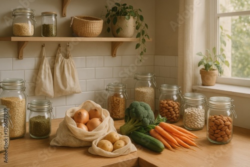 Zero waste kitchen essentials with fresh vegetables and natural storage solutions