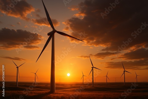 Scenic sunset with wind turbines in the countryside landscape for renewable energy concept