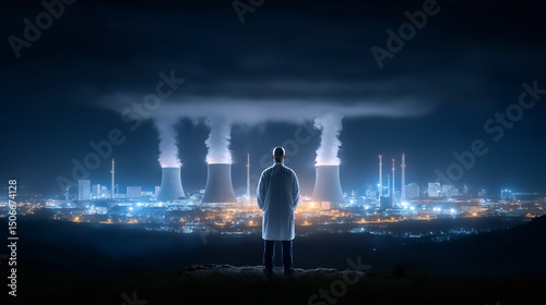 Nuclear Energy Visionary: A lone scientist in lab coat stands at the precipice, overlooking a sprawling nuclear plant at night, embodying a vision of future energy.
