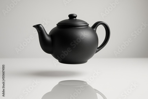 Surreal floating black teapot with shadow on minimalist background